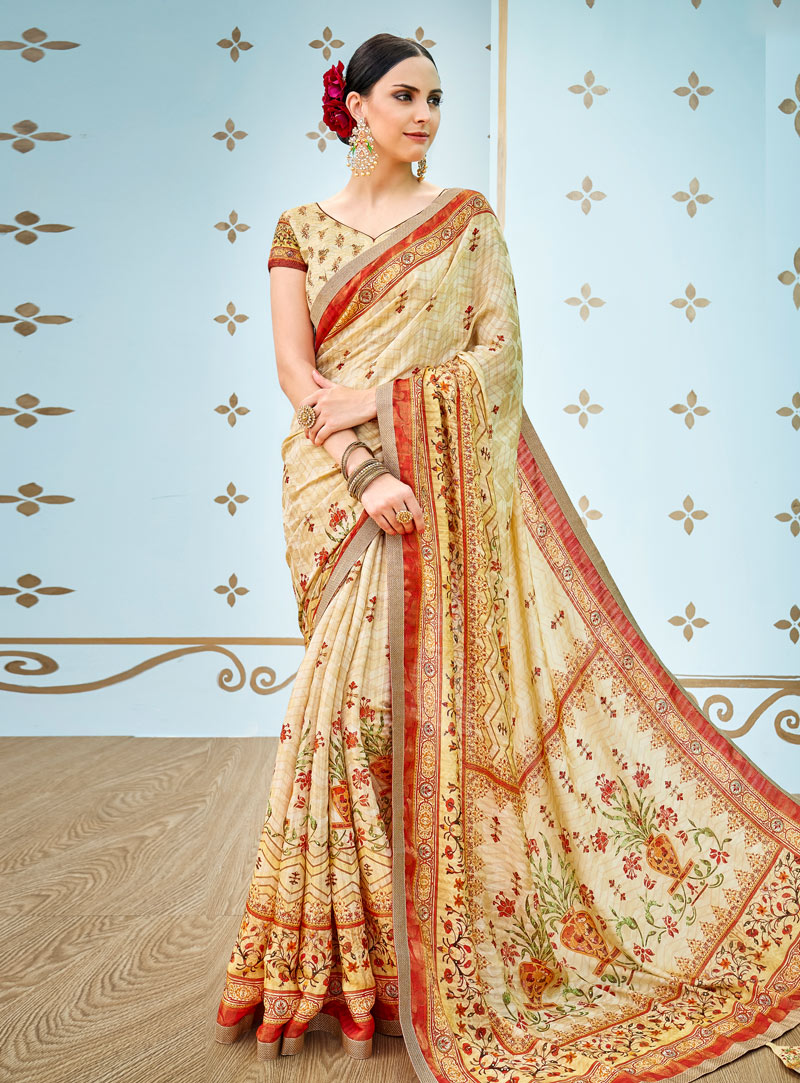 Cream Banarasi Silk Saree With Blouse 144170