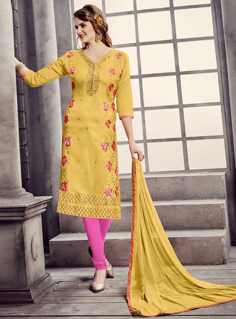 Yellow Cotton Churidar Salwar Suit 85946