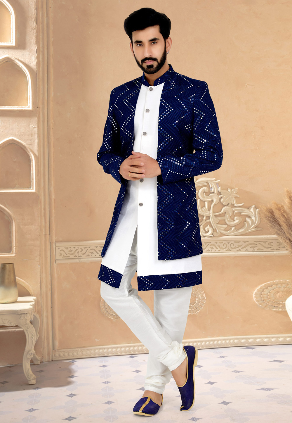 White Georgette Jacket Style Sherwani 263263
