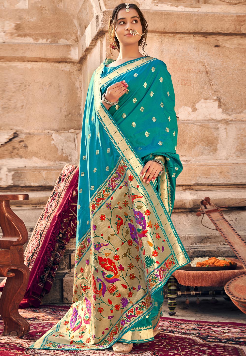 Aqua Banarasi Silk Festival Wear Saree 243034