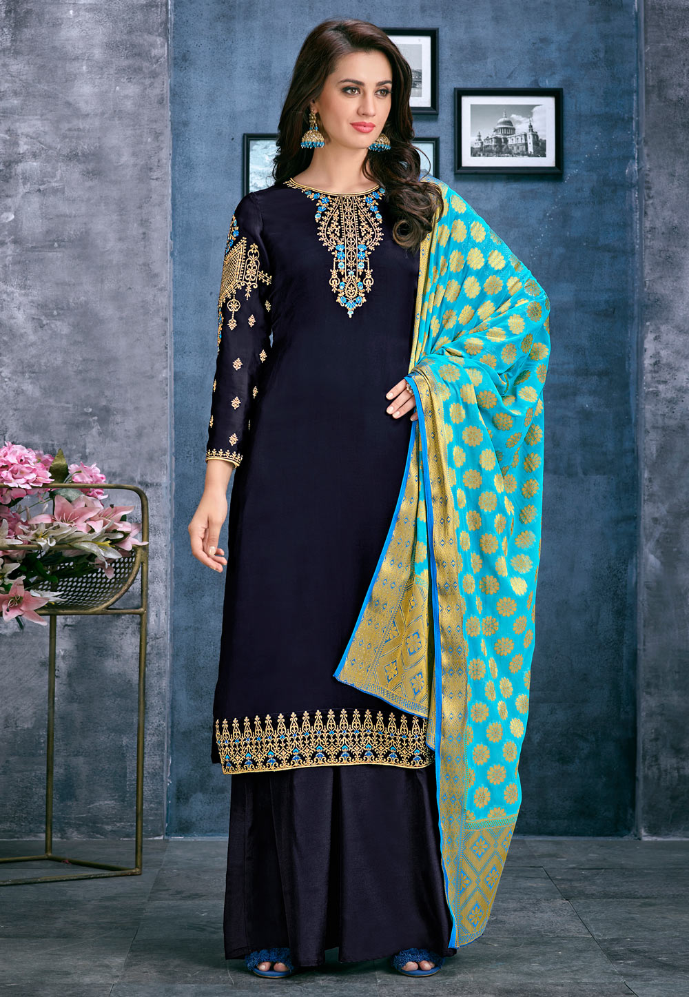 Navy Blue Satin Palazzo Style Suit 163954