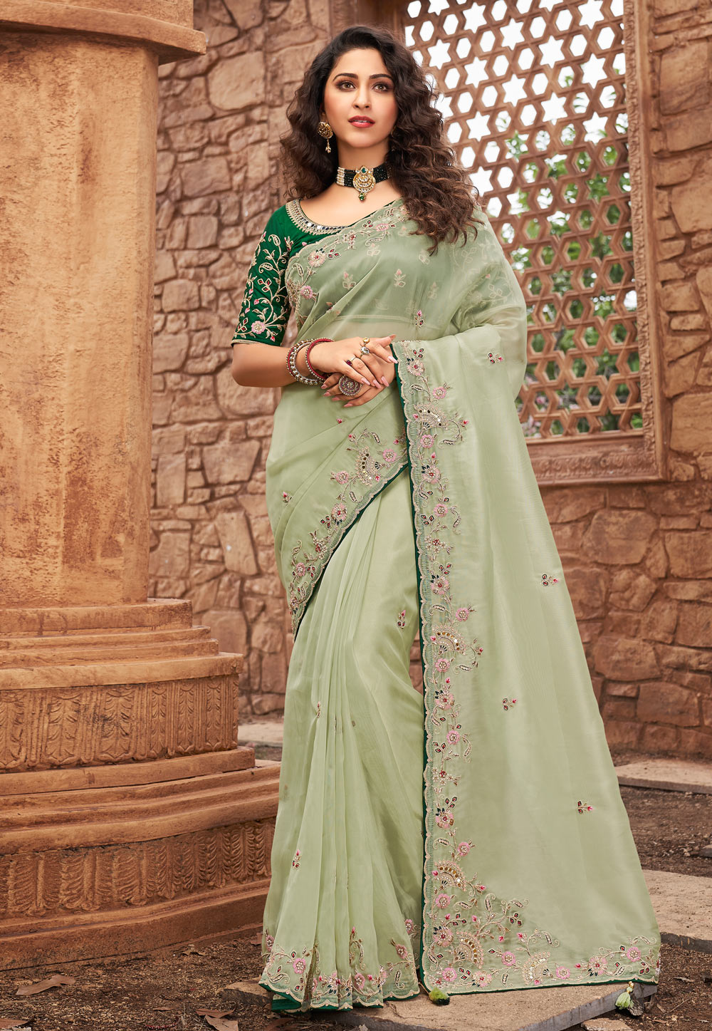 Pista Green Net Saree With Blouse 241880