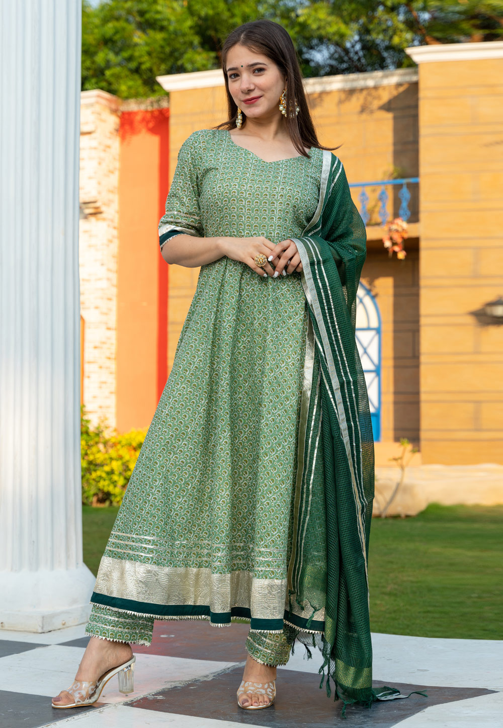 Green Cotton Readymade Pant Style Suit 218105
