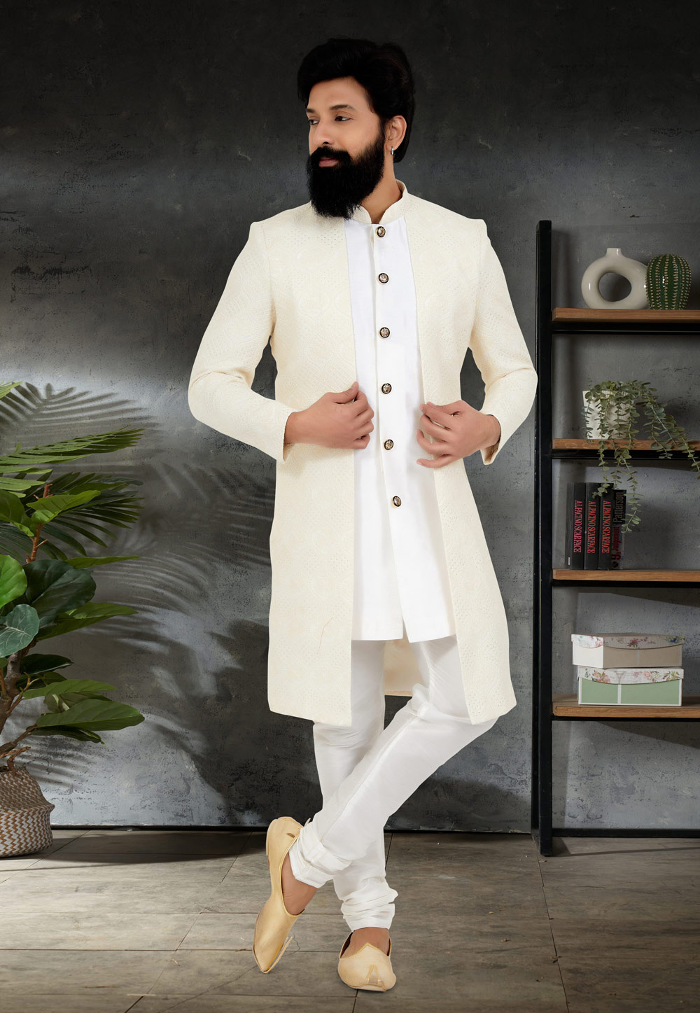 White Georgette Jacket Style Sherwani 263264
