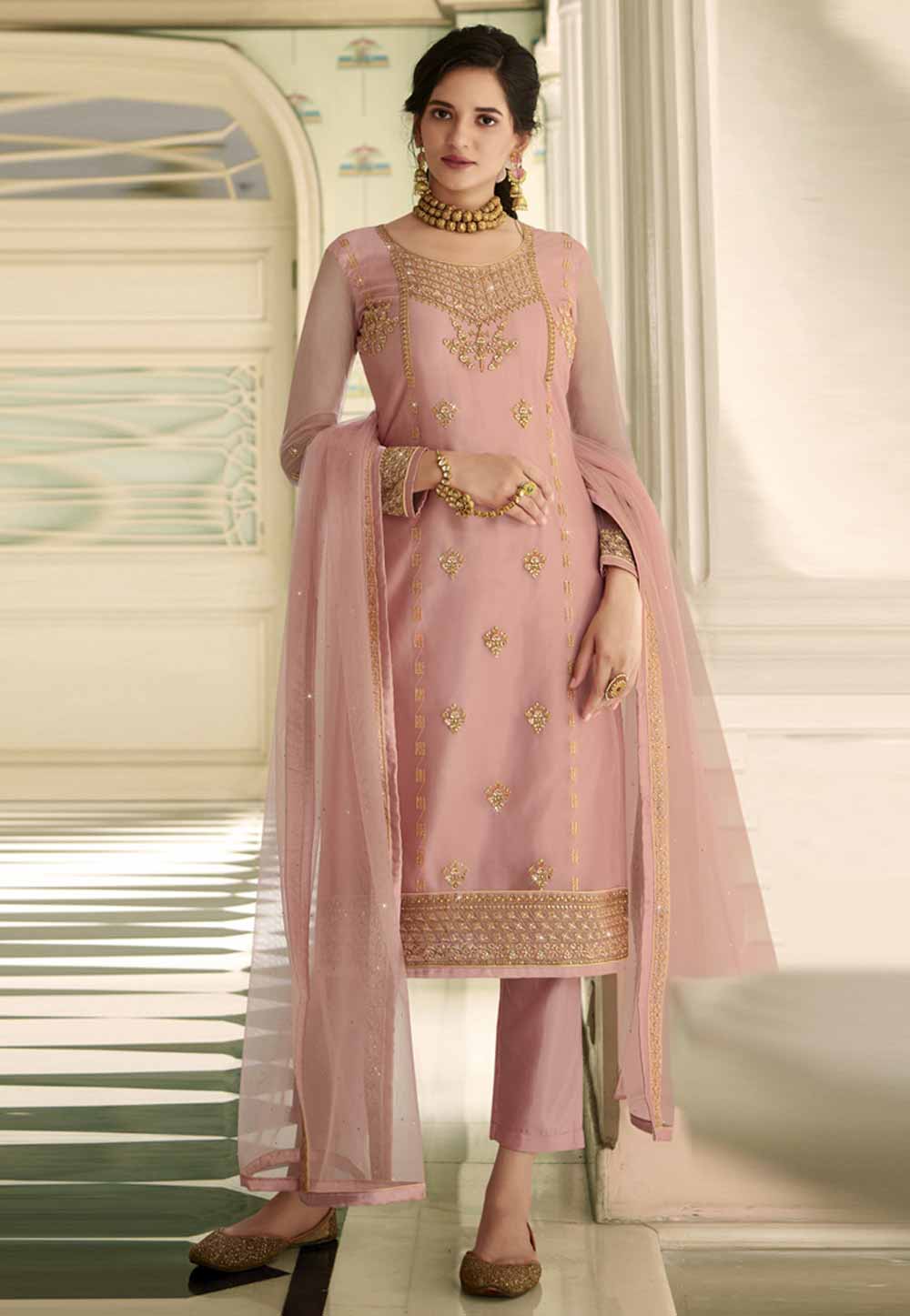 Pink Georgette Pant Style Suit 219230