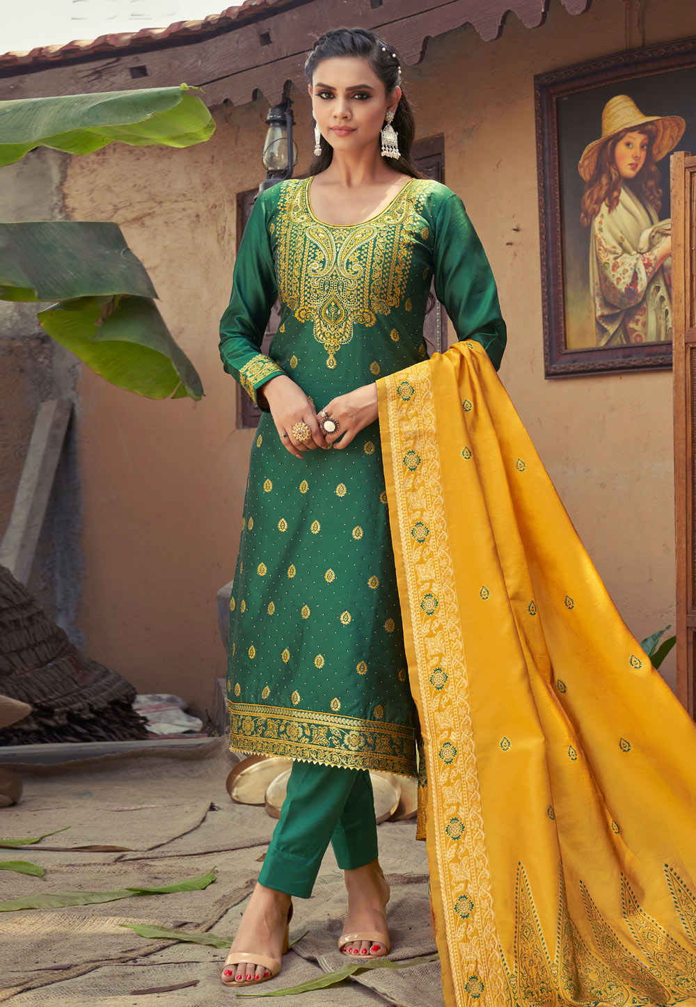 Green Banarasi Jacquard Pant Style Suit 244068