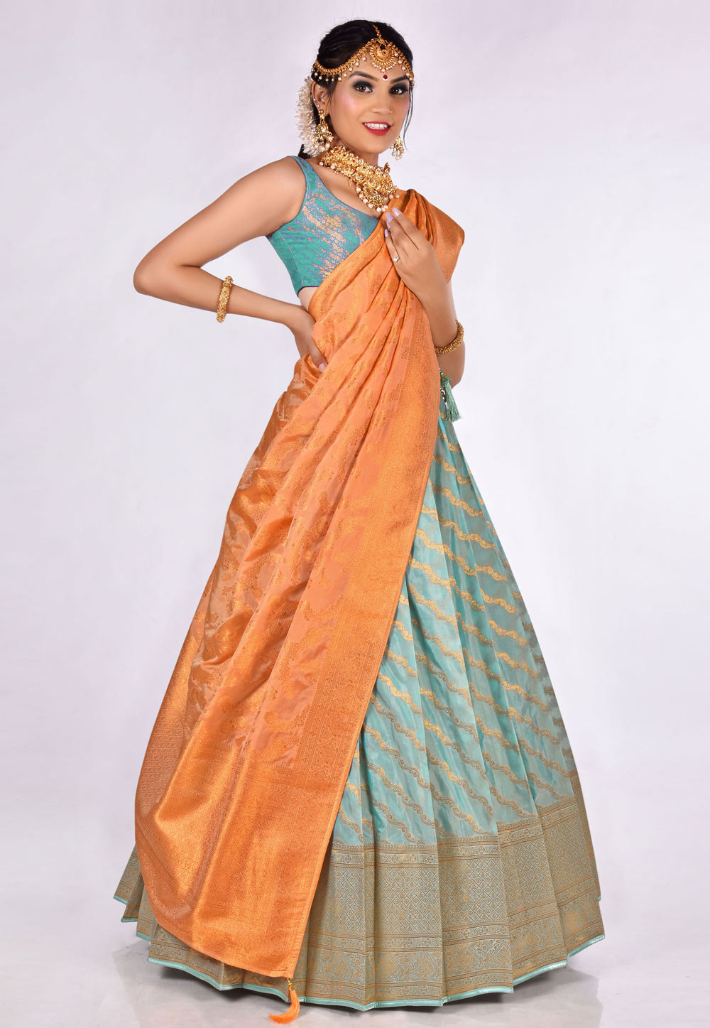 Buy Turquoise Gota & Tiered Lehenga Set online in India