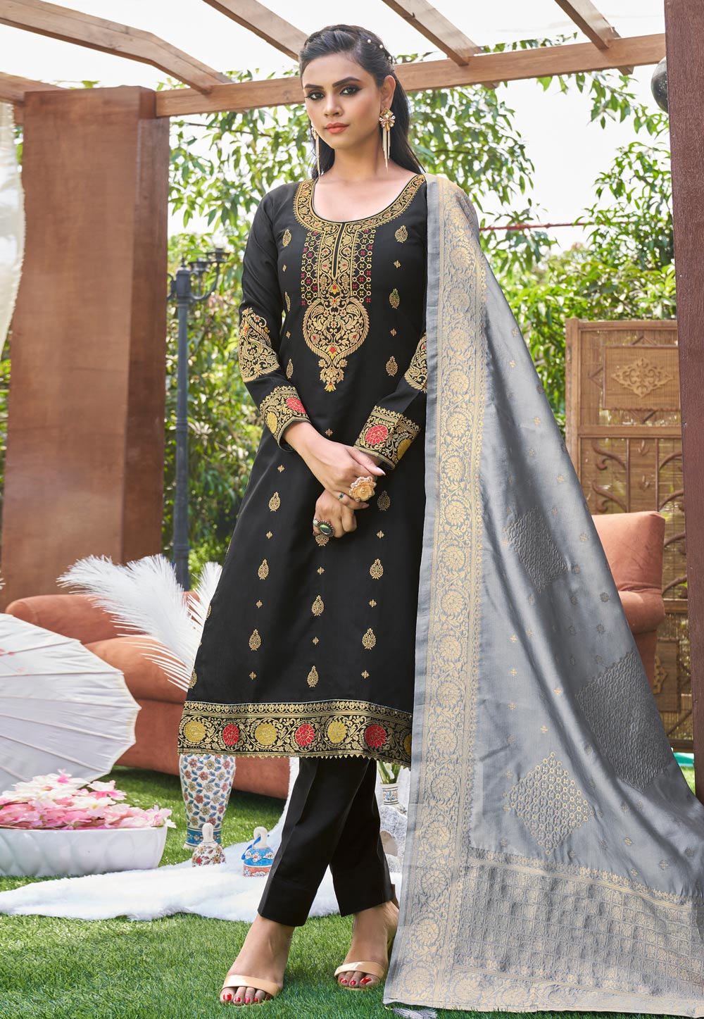 Black Banarasi Pant Style Suit 246254