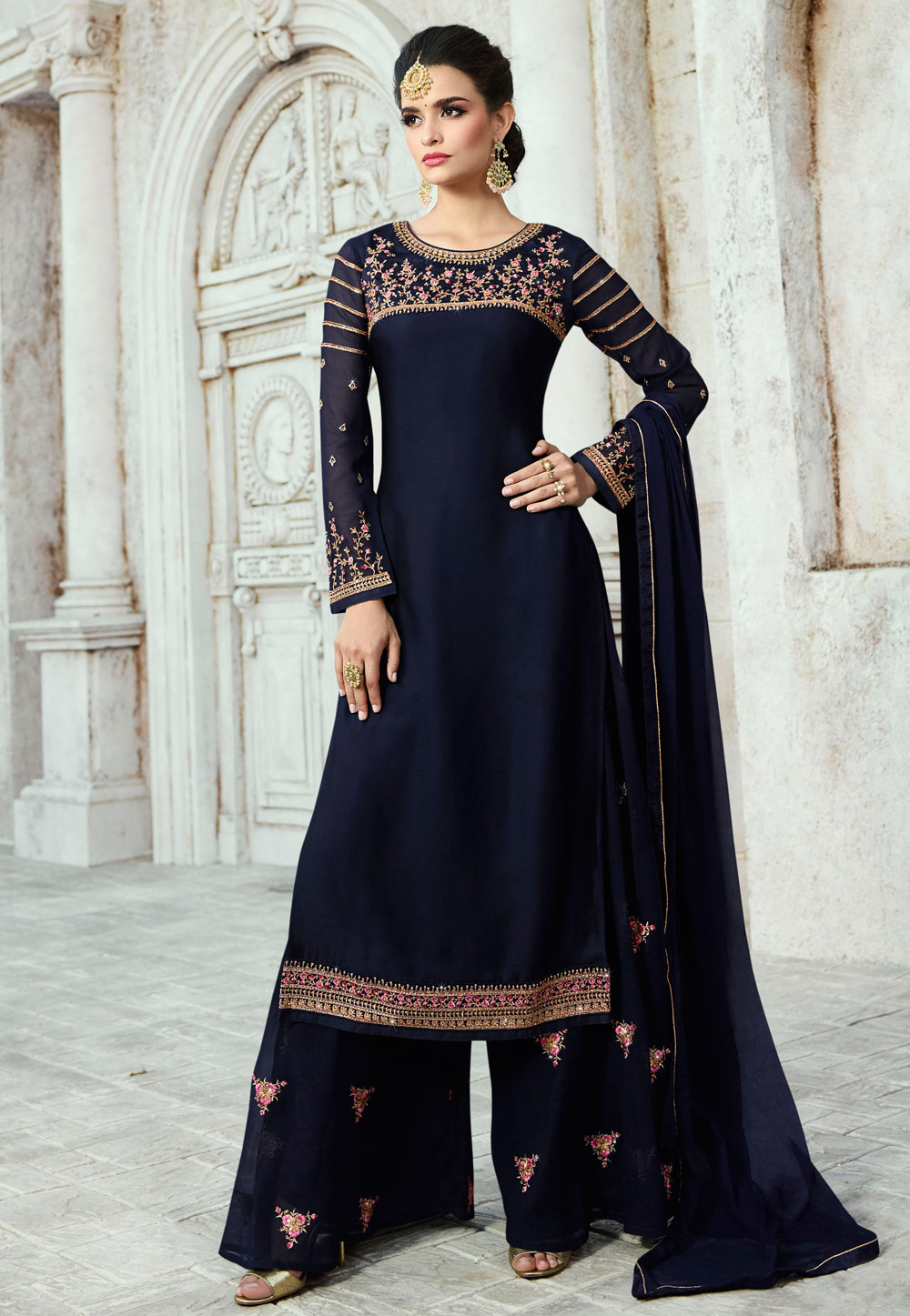 Navy Blue Satin Embroidered Palazzo Suit 165085