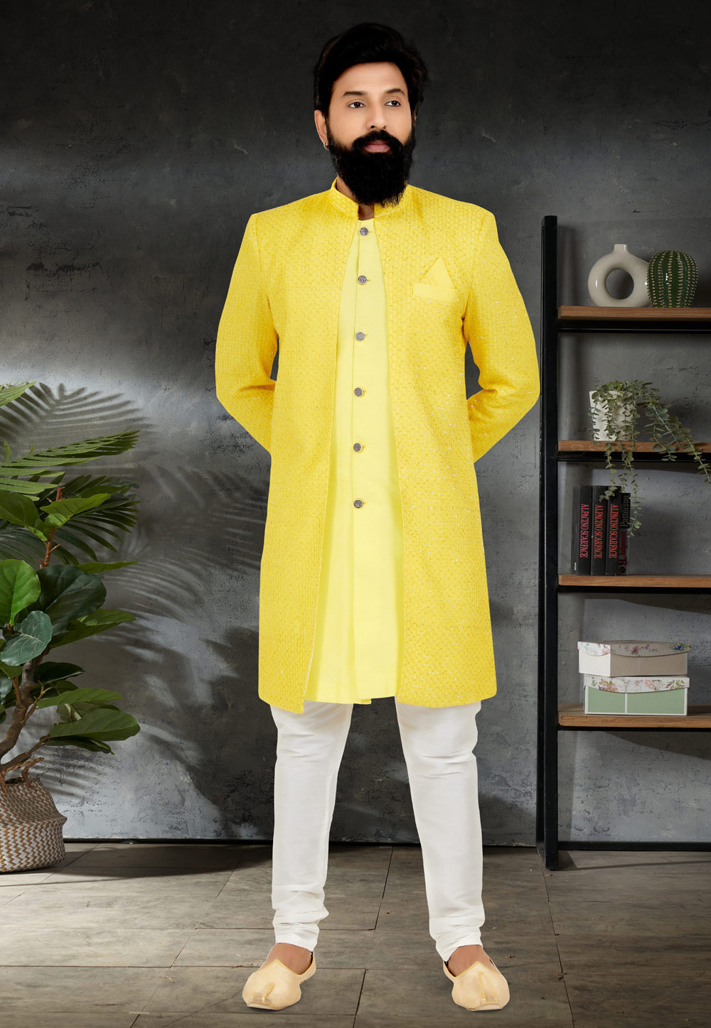 Yellow Georgette Jacket Style Sherwani 263266