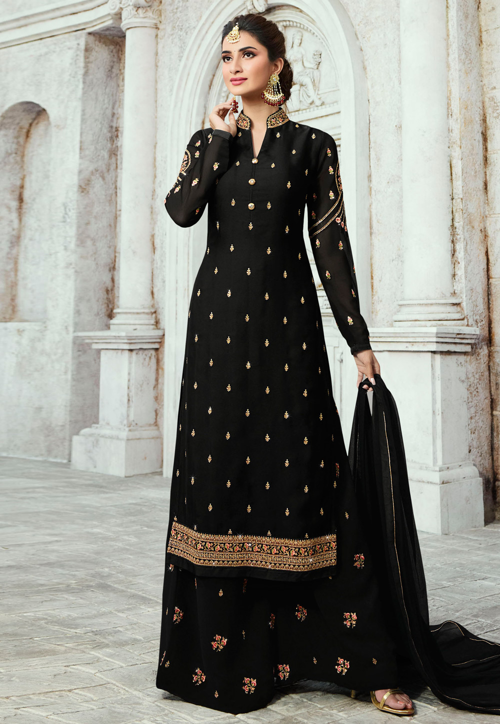 Black Satin Embroidered Palazzo Suit 165087