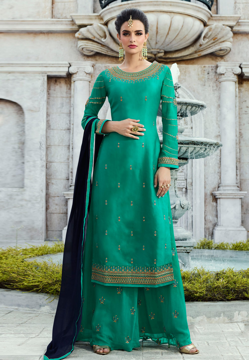 Sea Green Satin Embroidered Palazzo Suit 165089