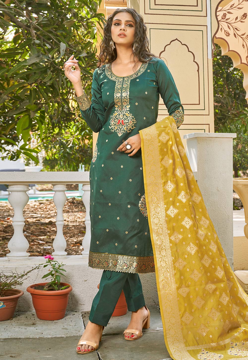 Green Banarasi Jacquard Pant Style Suit 247272