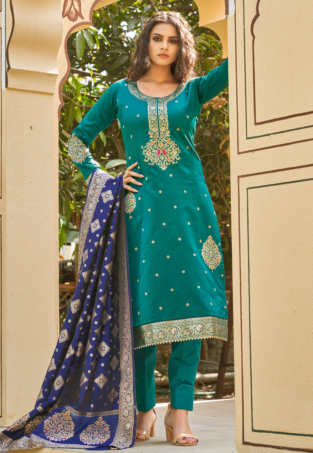 Sea Green Banarasi Jacquard Pant Style Suit 247274
