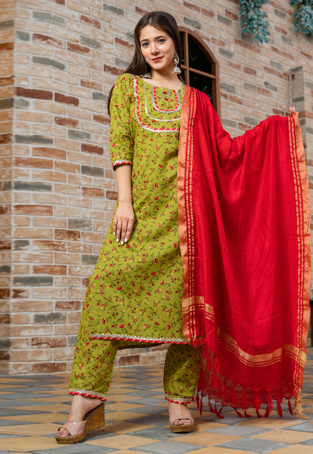 Green Cotton Readymade Pant Style Suit 218108