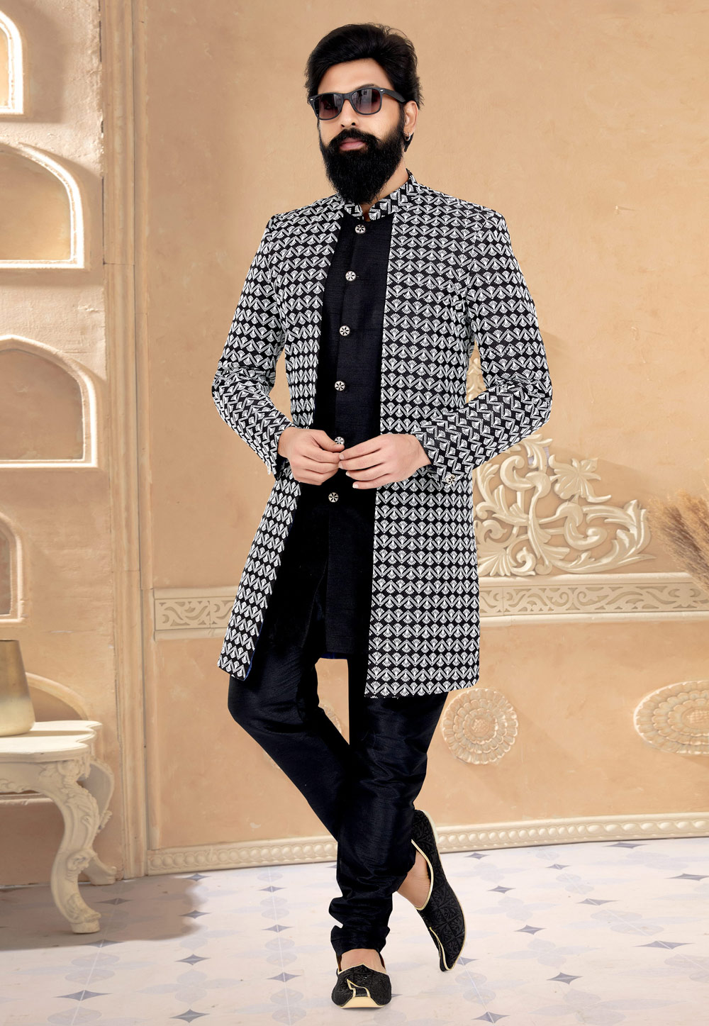 Black Cotton Silk Jacket Style Sherwani 263267