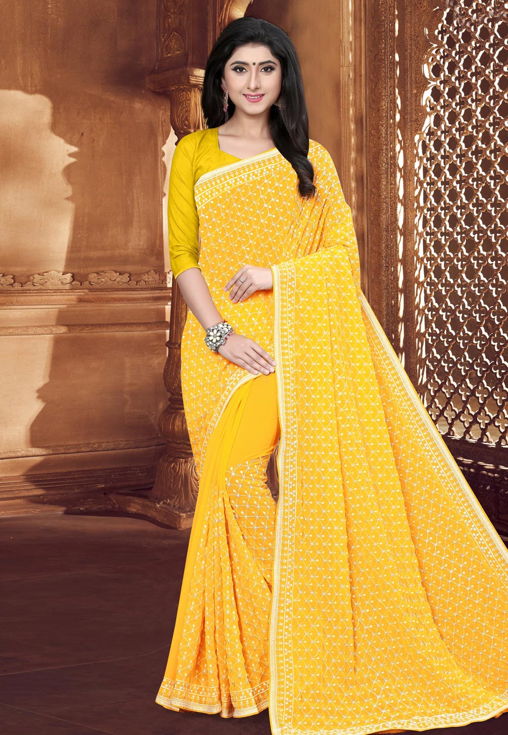 Yellow Faux Georgette Saree With Blouse 200602