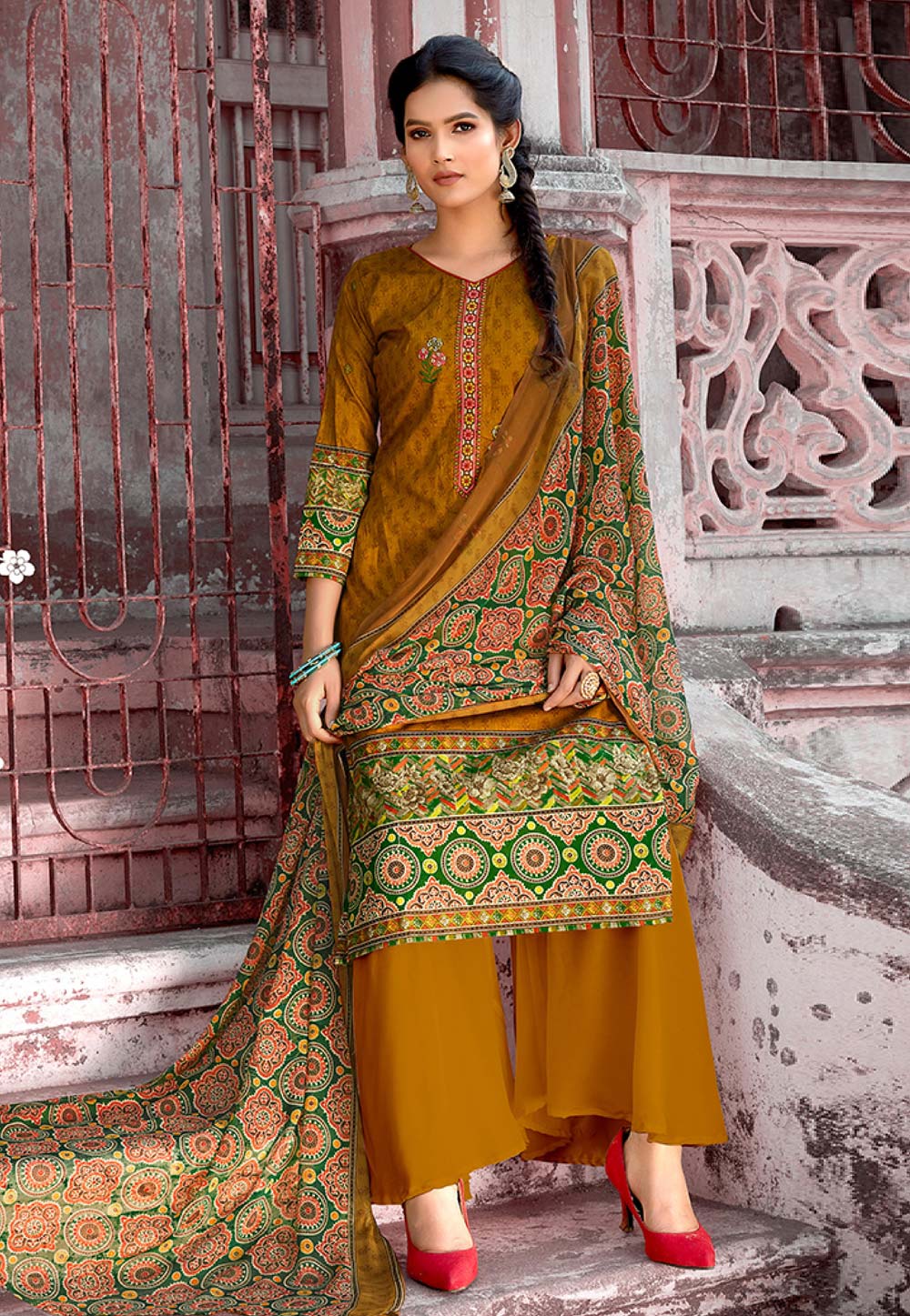 Mustard Cambric Cotton Kameez With Palazzo 219436