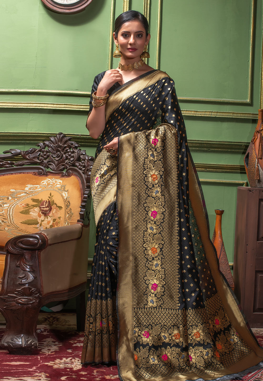 Black Banarasi Silk Saree With Blouse 228330