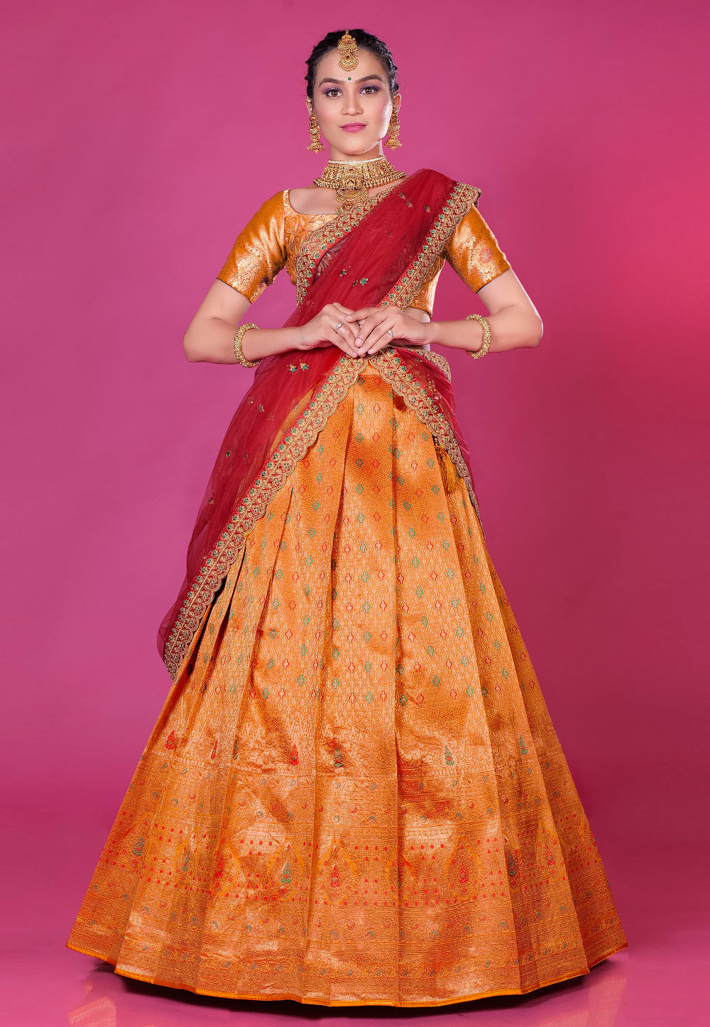 Orange Banarasi Silk Circular Lehenga Choli 275298