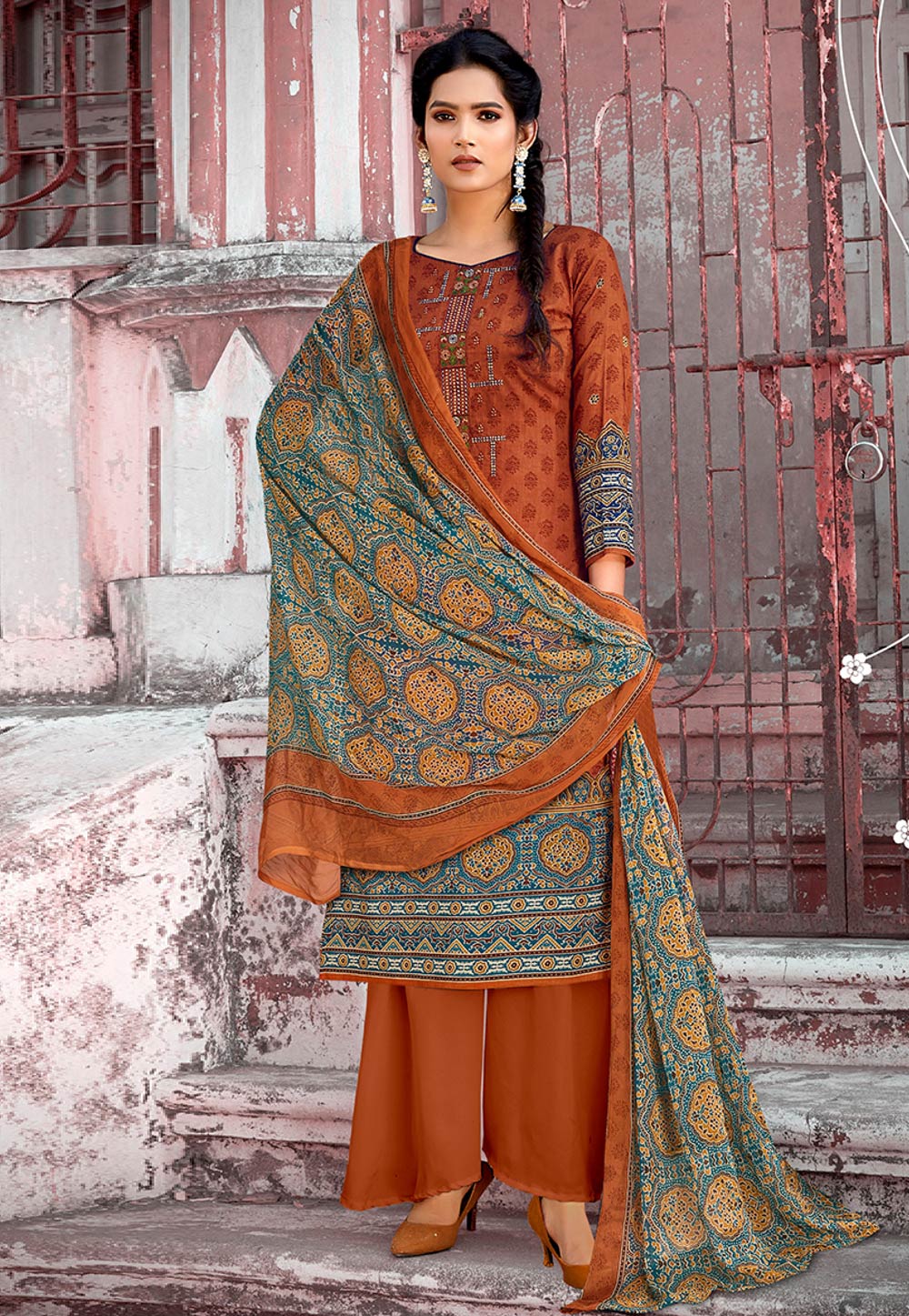 Rust Cambric Cotton Kameez With Palazzo 219440