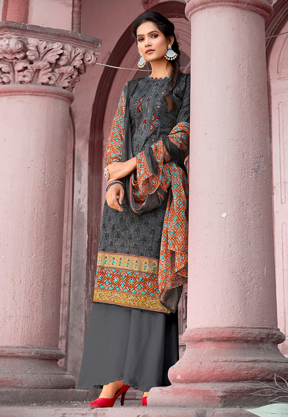 Grey Cambric Cotton Kameez With Palazzo 219442
