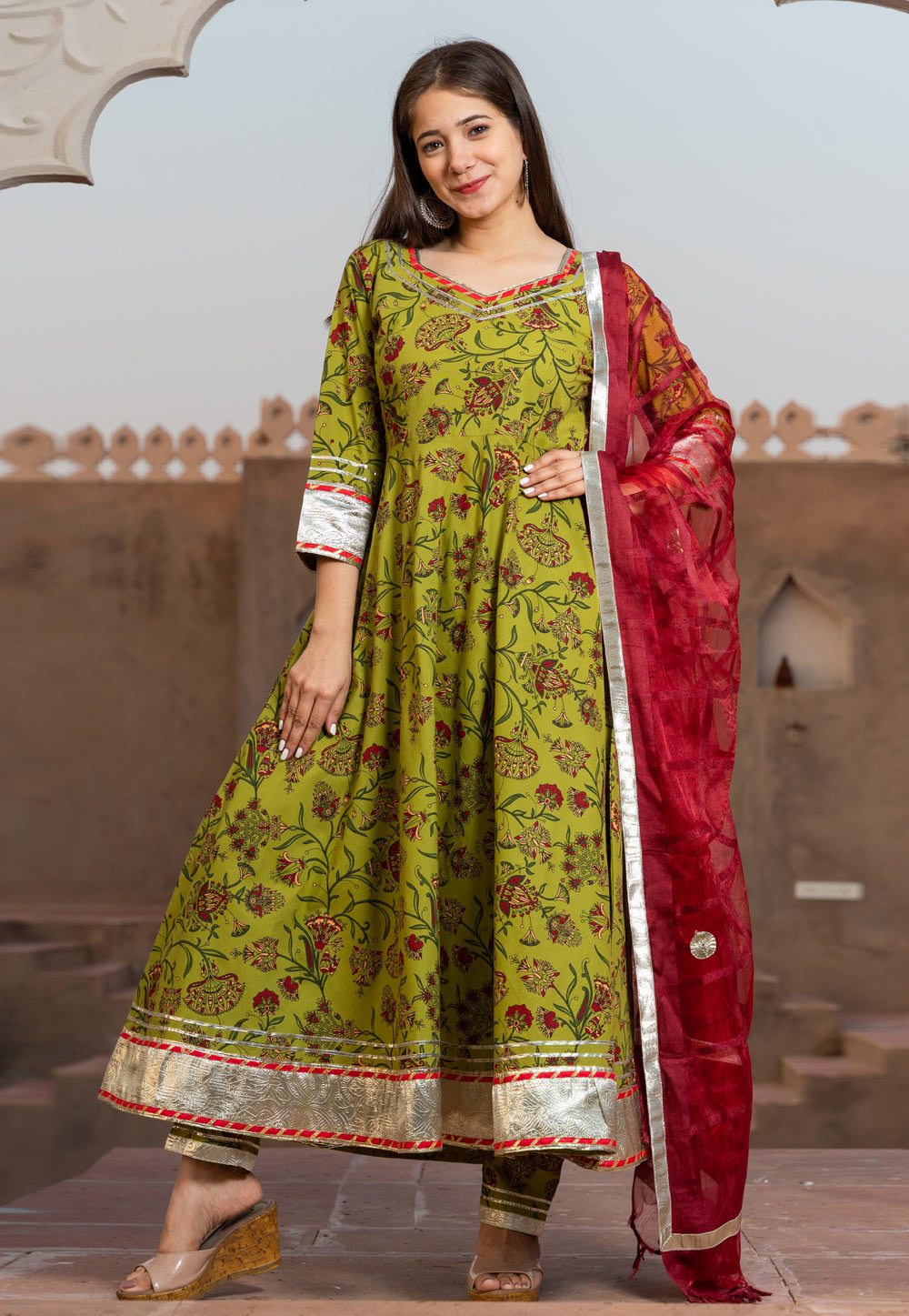 Green Cotton Readymade Kameez With Pant 218109