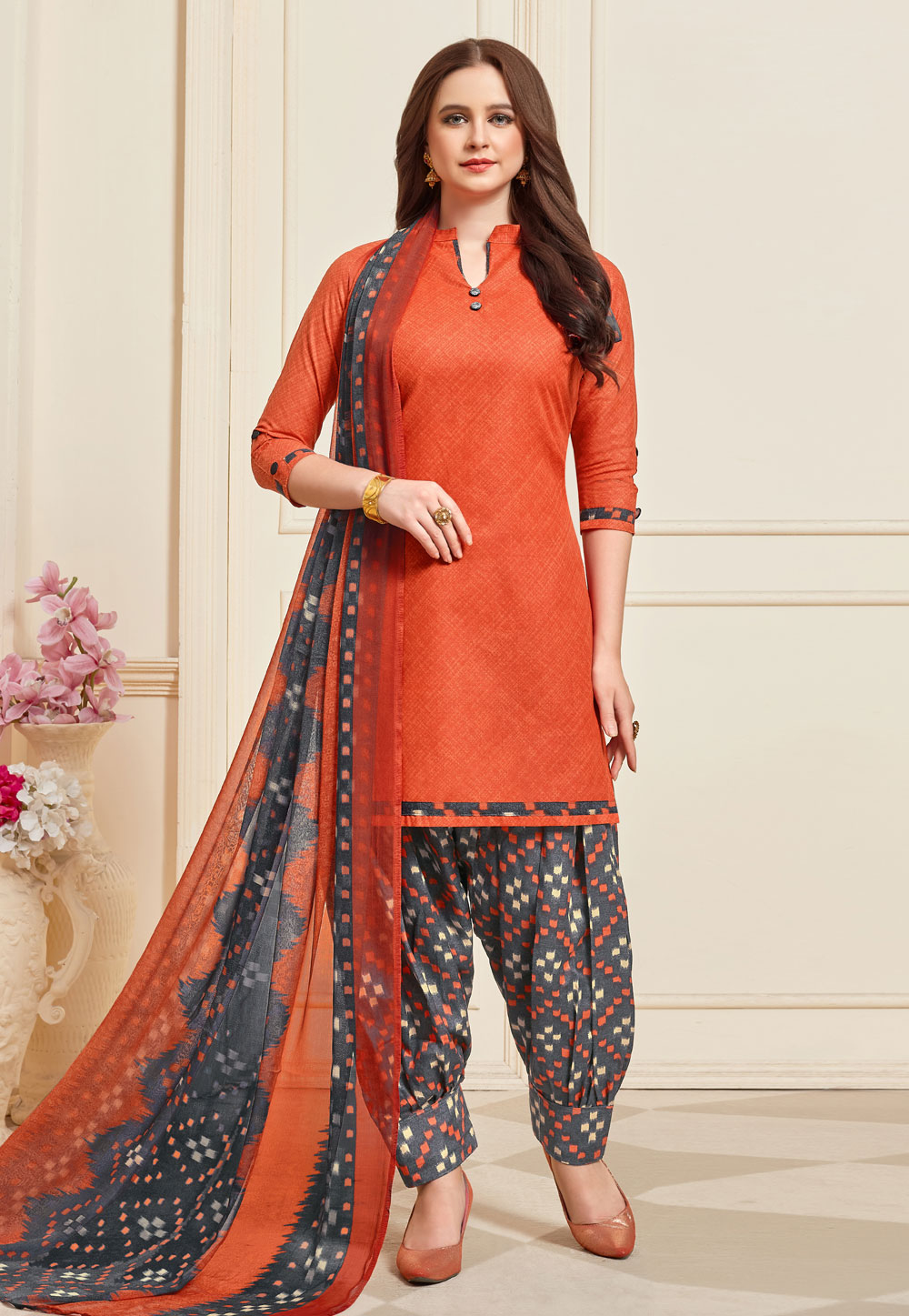 Orange Cotton Punjabi Suit 219445
