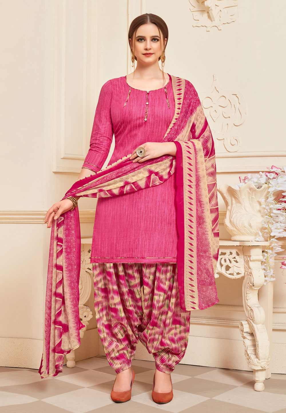 Pink Cotton Patiala Suit 219446