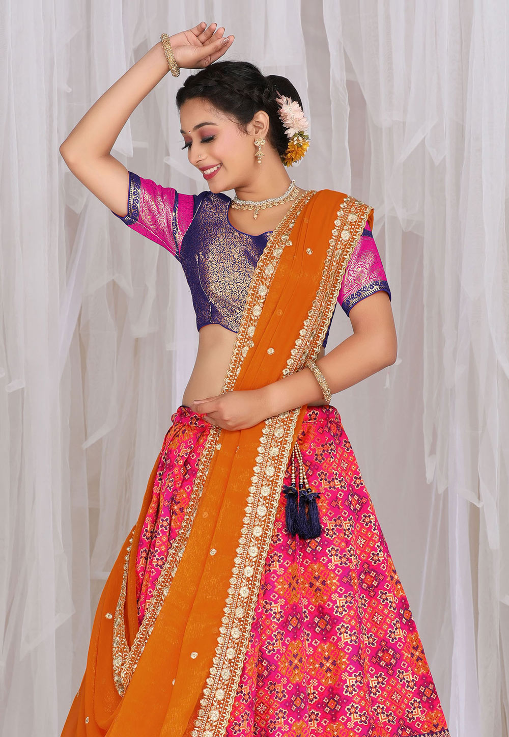 Navy Blue Magenta And Orange Raw Silk Lehenga Choli - Lehengas Designer  Collection