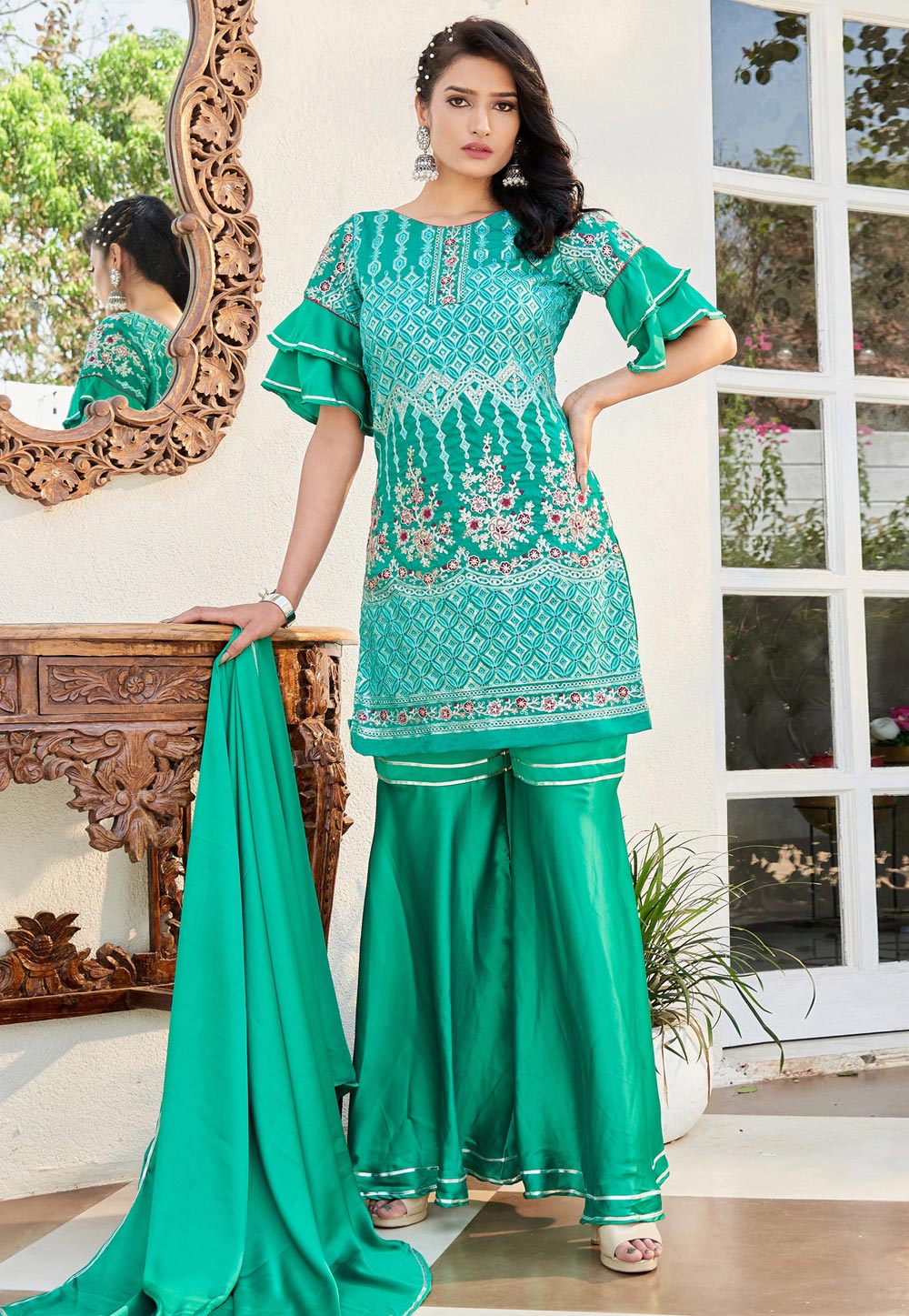 Turquoise Cotton Readymade Sharara Suit 257085