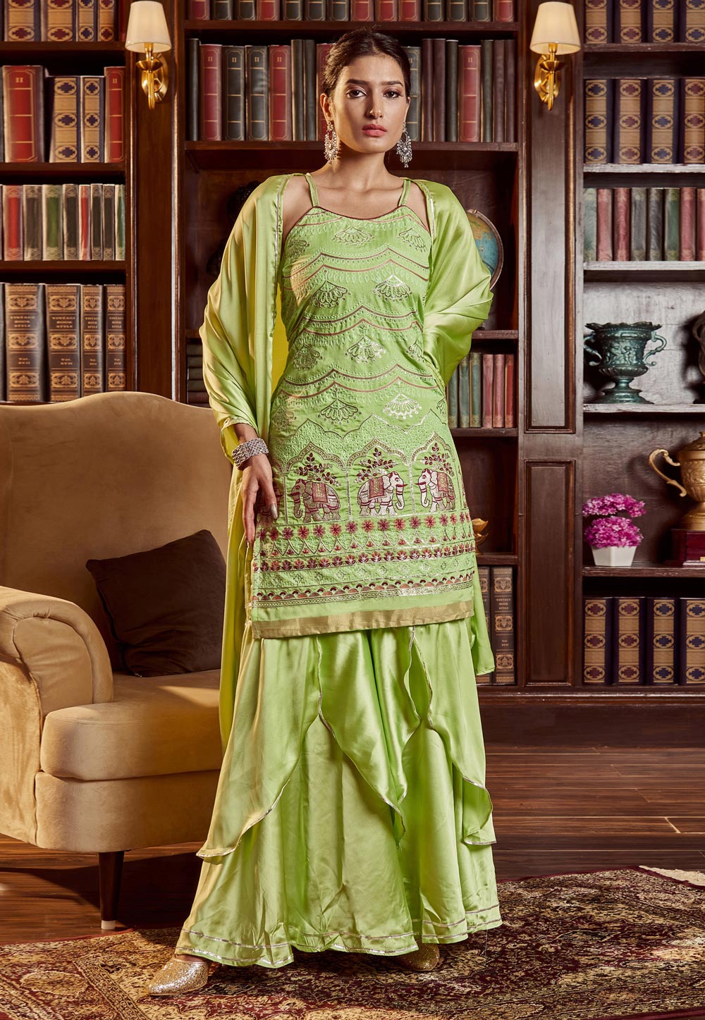 Light Green Cotton Readymade Sharara Suit 257088