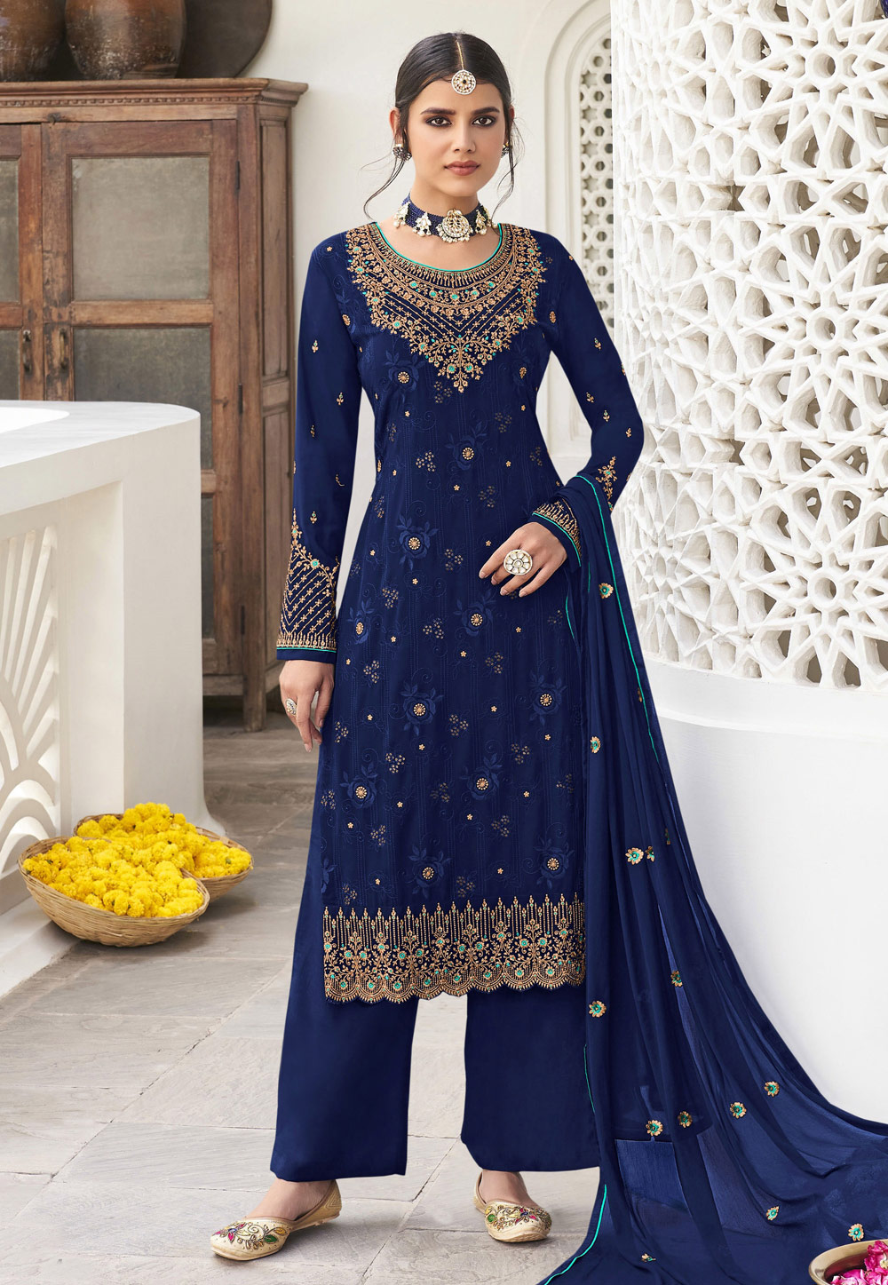 Navy Blue Georgette Pakistani Suit 256814