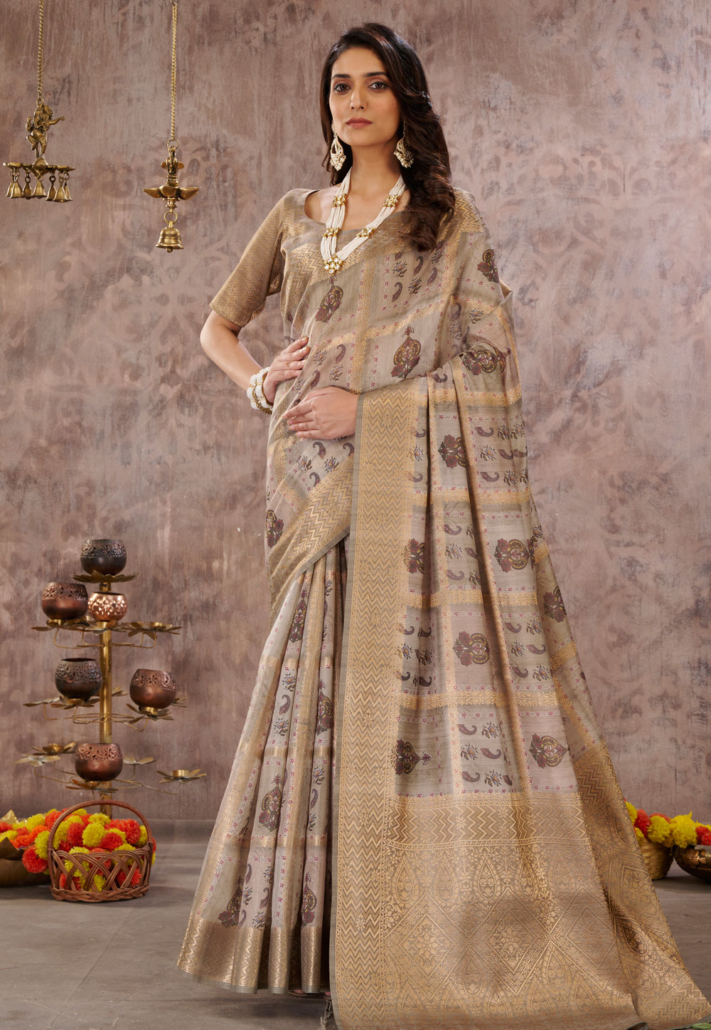 Beige Cotton Saree With Blouse 264508