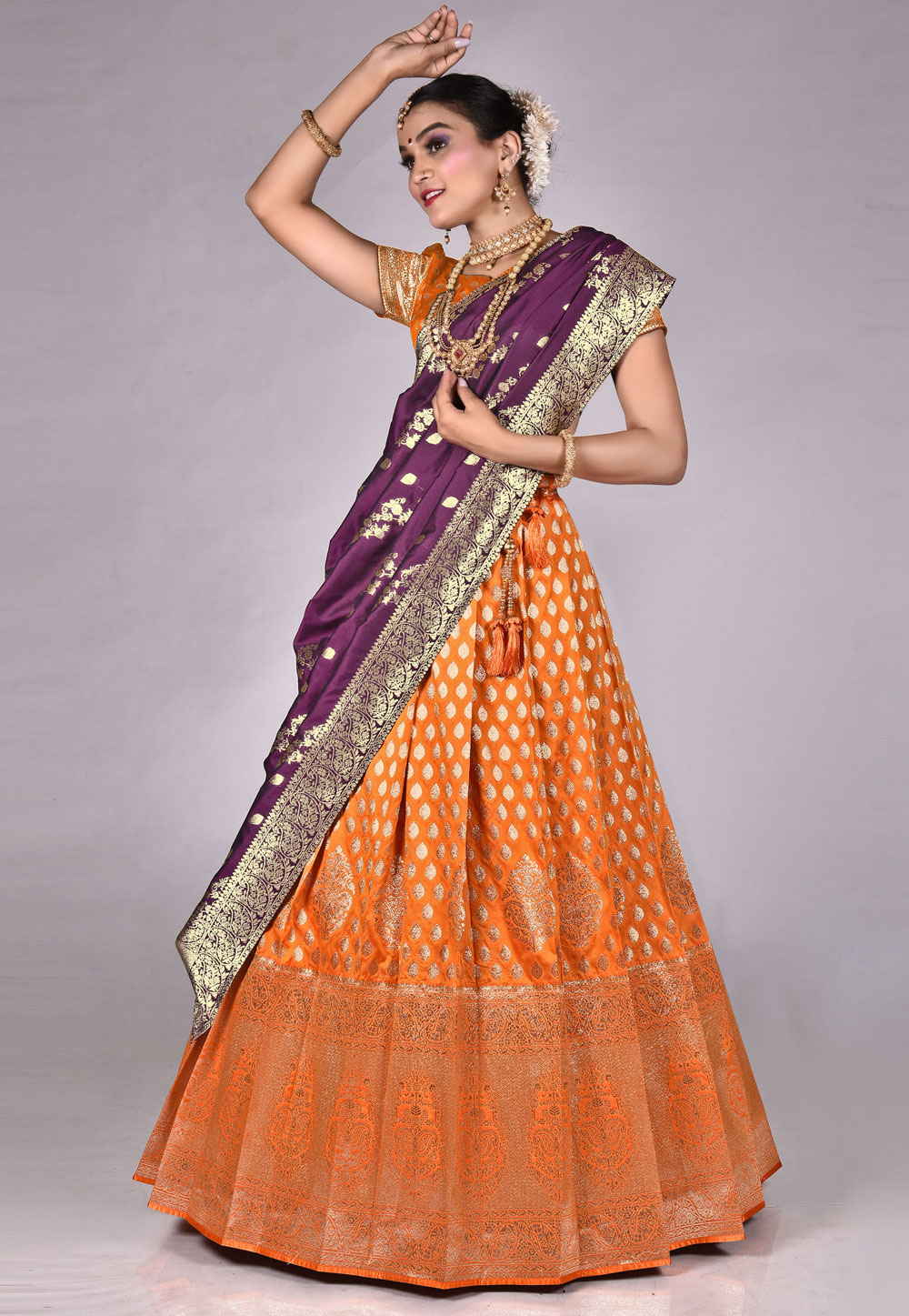 Orange Banarasi Silk Lehenga Choli 275365
