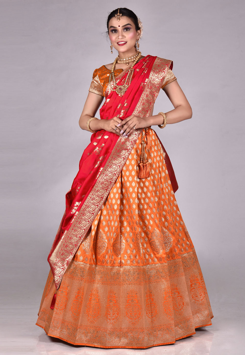 Orange Banarasi Silk Circular Lehenga Choli 275366
