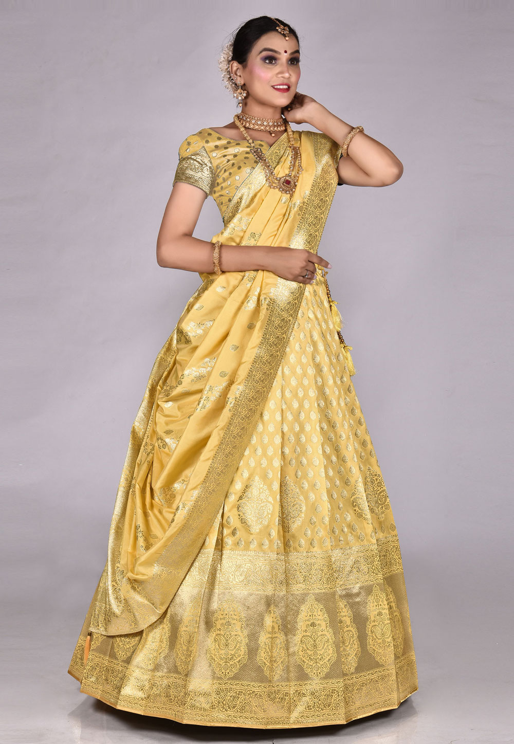 Light Yellow Banarasi Silk Lehenga Choli 275373