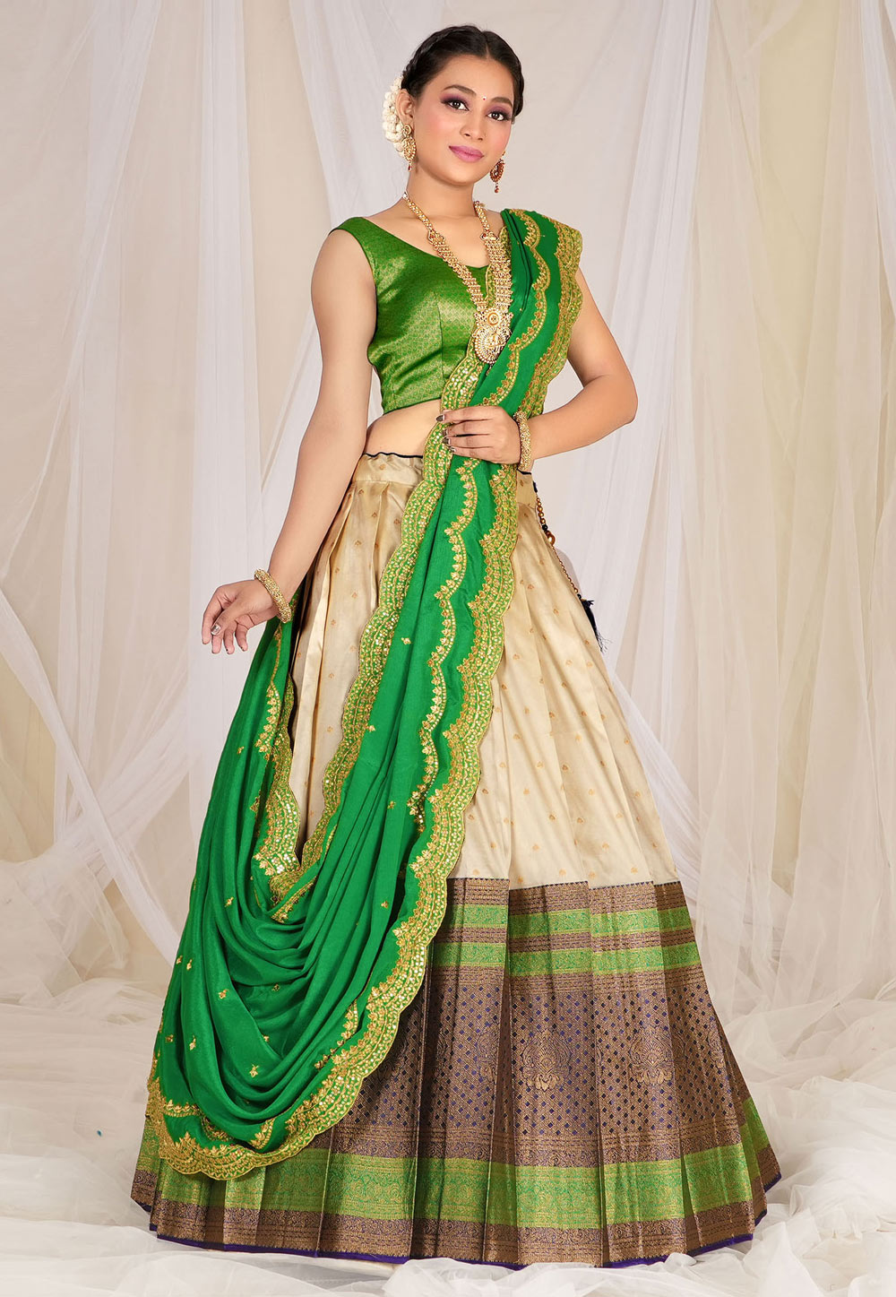 Emrald Cream & Green Colored Net Heavy Embroidered Lehenga Choli – Lady  India