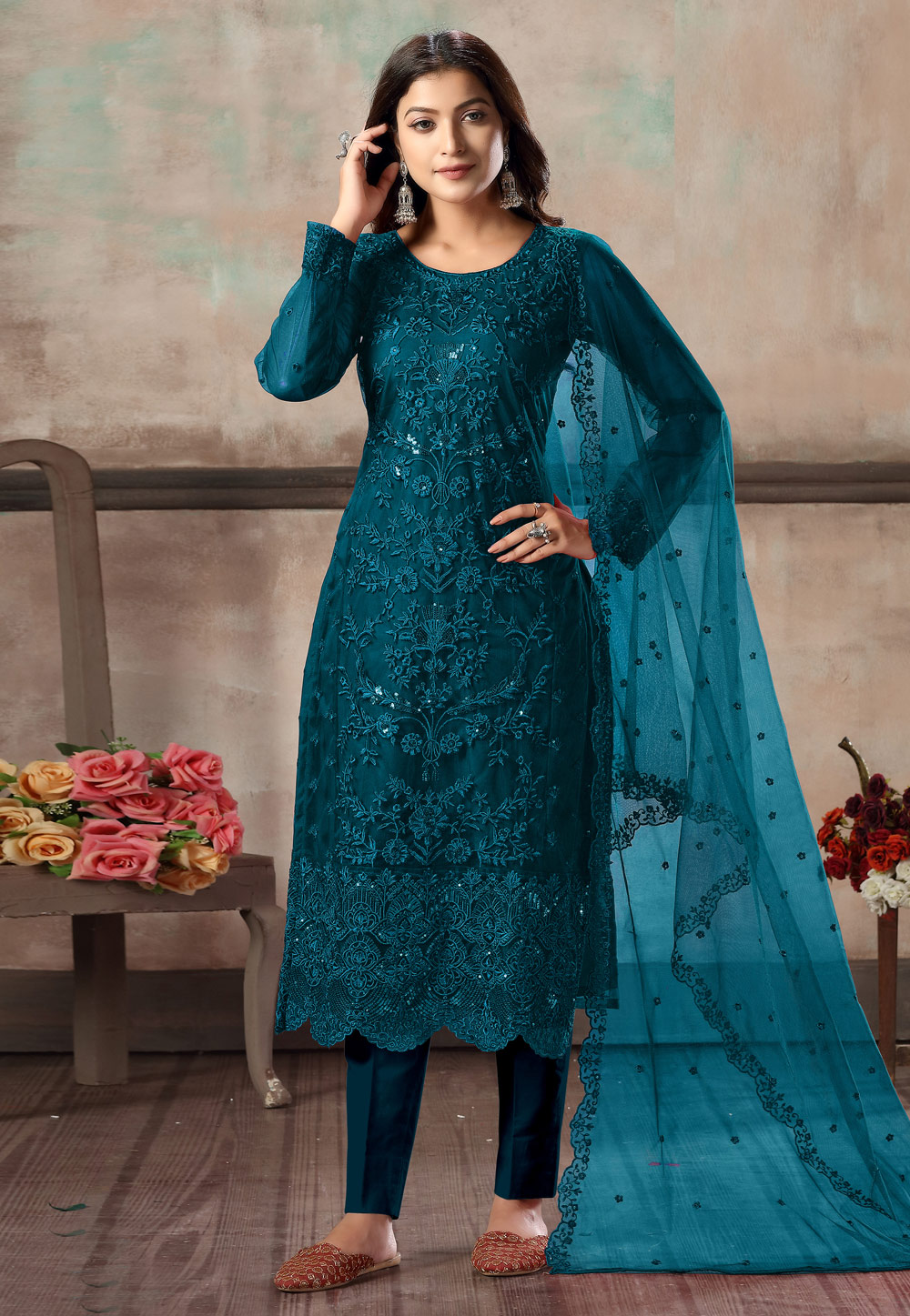 Blue Net Embroidered Kameez With Pant 216565