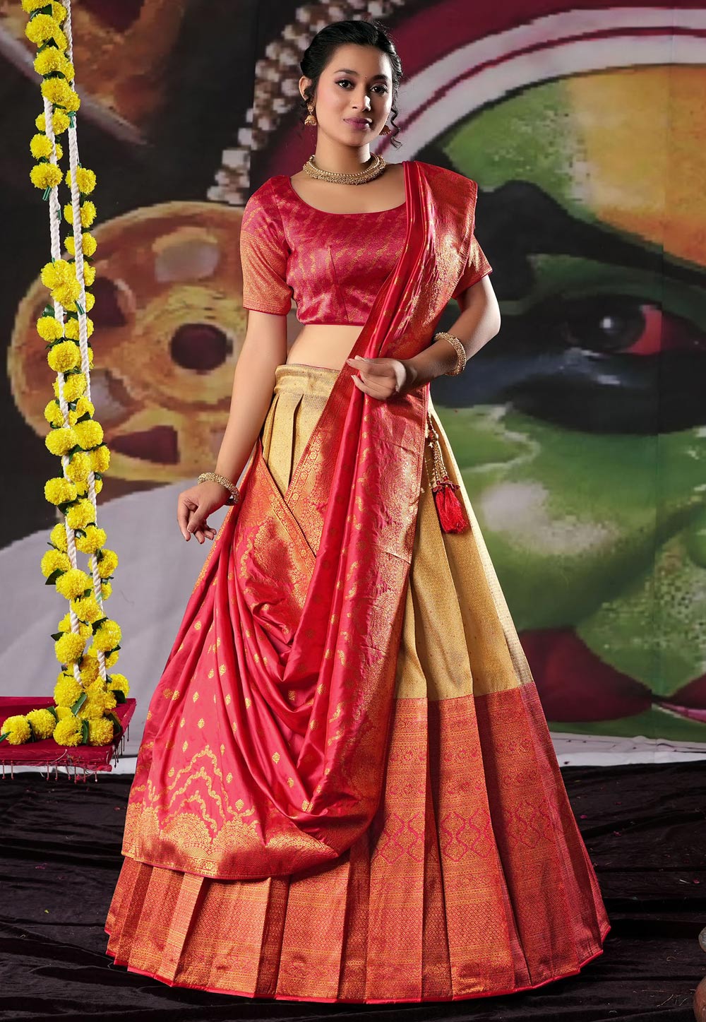 Traditional Embellished Zari Woven Banarasi Silk Lehenga With,  Semi-Stitched Lehenga In Yellow With Unstitched Blouse - HALFSAREE STUDIO -  4092565