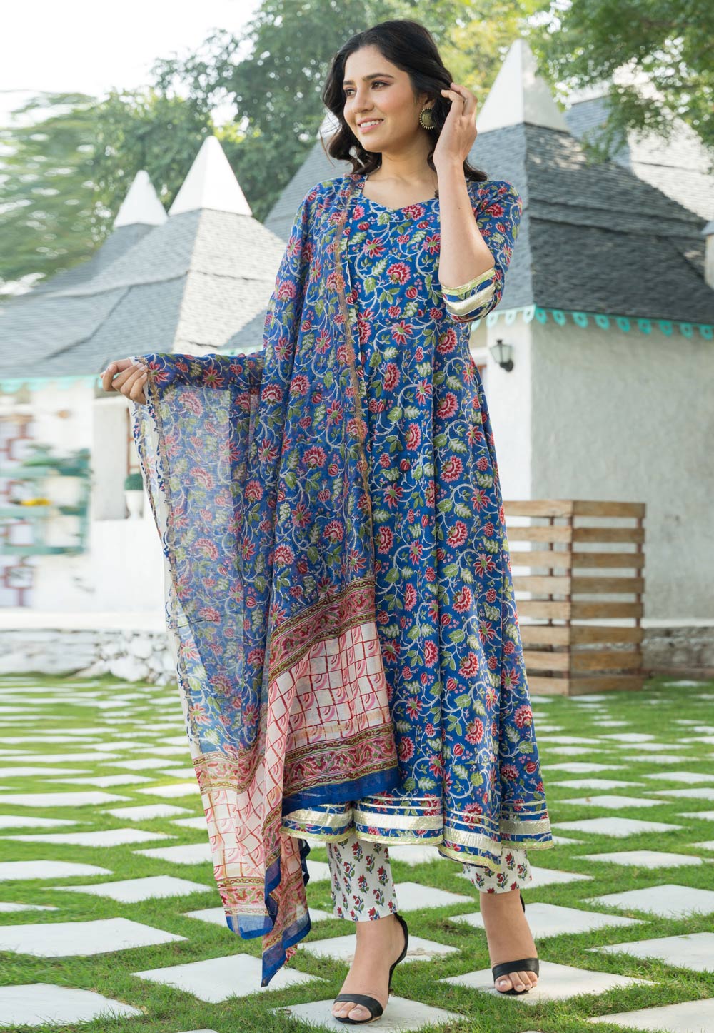 Blue Cotton Readymade Kameez With Pant 218741