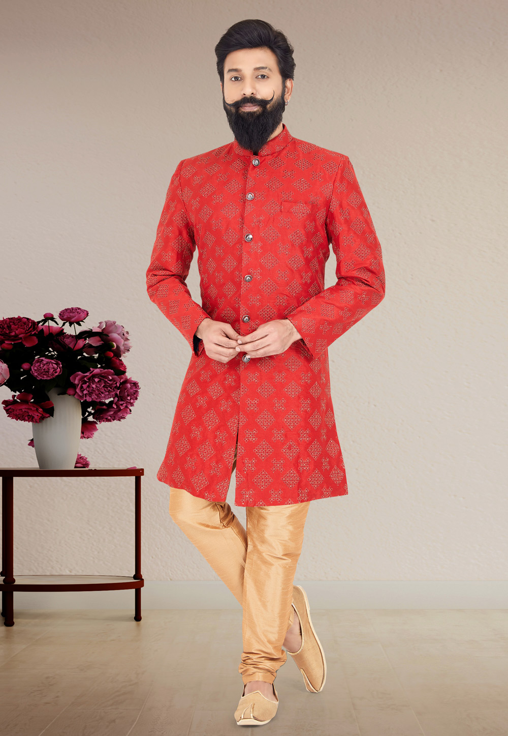 Red Dupion Silk Indo Western Suit 271572