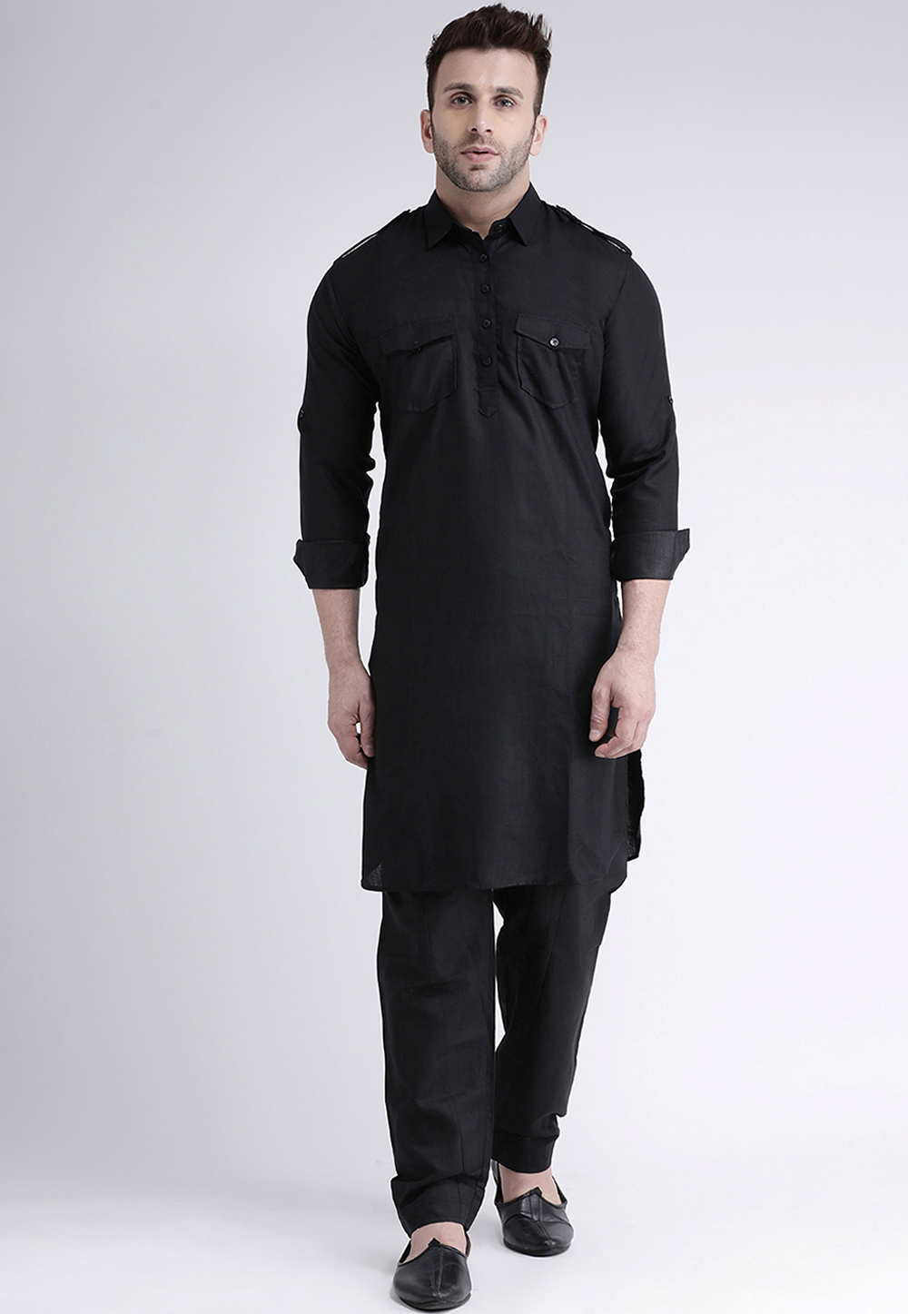 Black Cotton Pathani Suit 221305