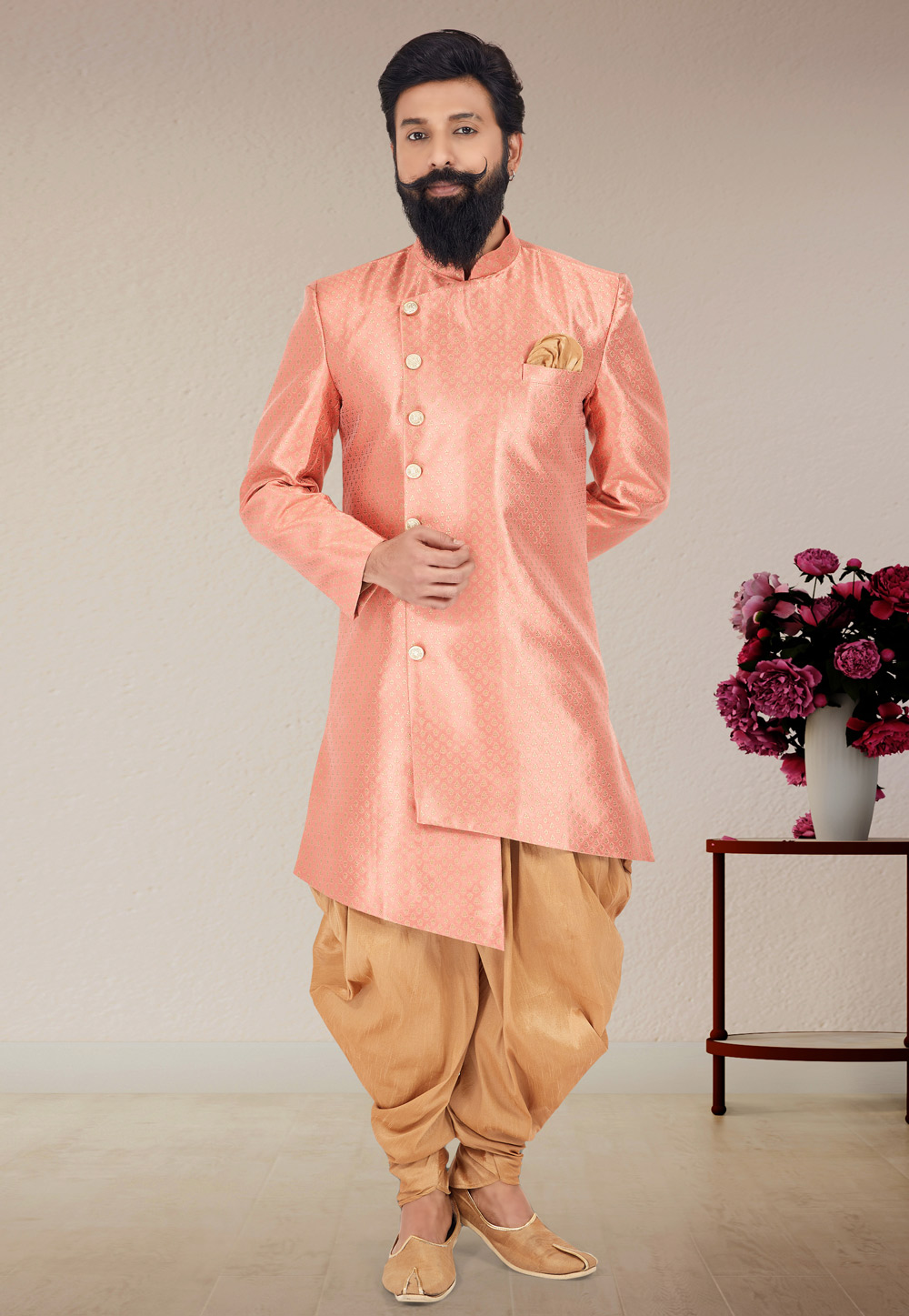 Peach Jacquard Silk Indo Western Suit 271573