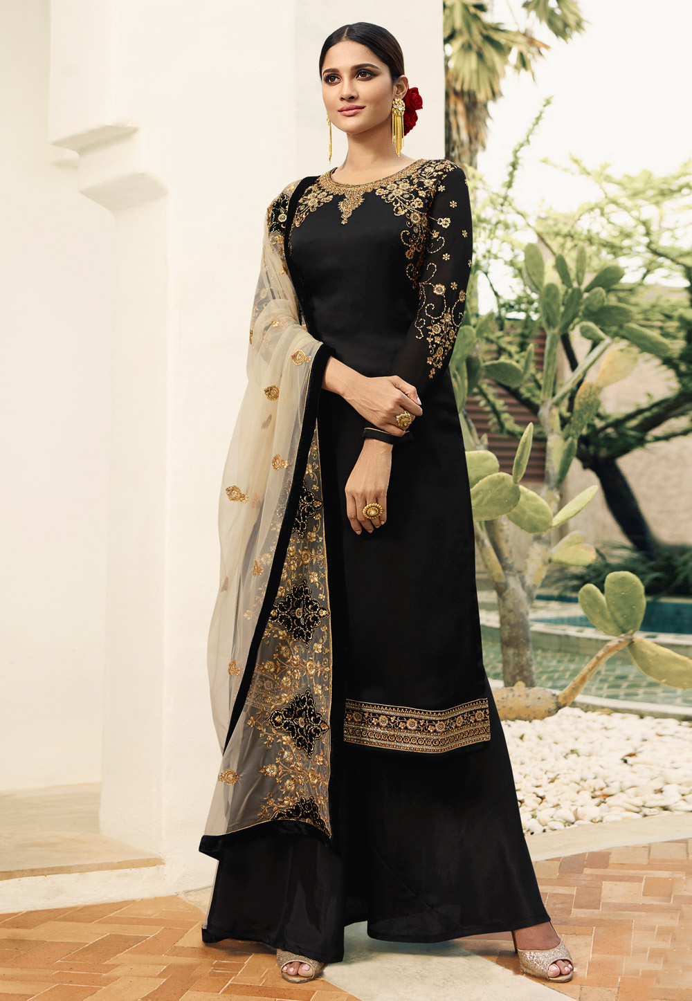 Black Satin Embroidered Kameez With Palazzo 165323