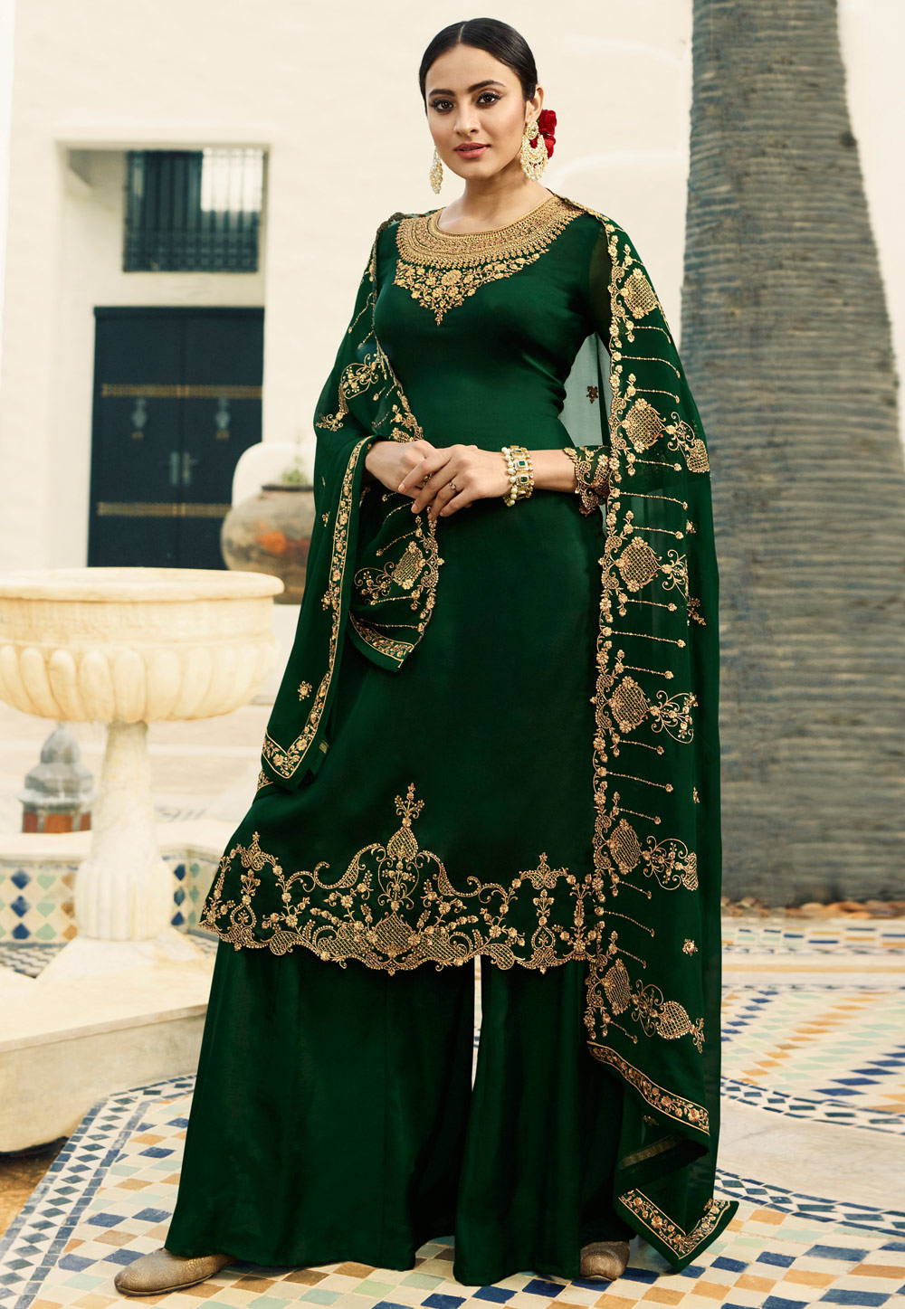 Green Satin Embroidered Kameez With Palazzo 165325