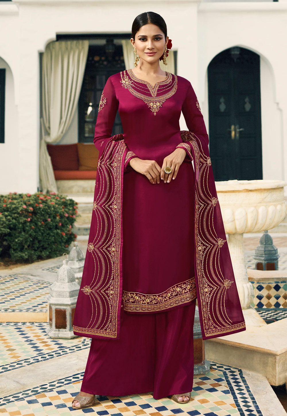 Magenta Satin Embroidered Kameez With Palazzo 165327