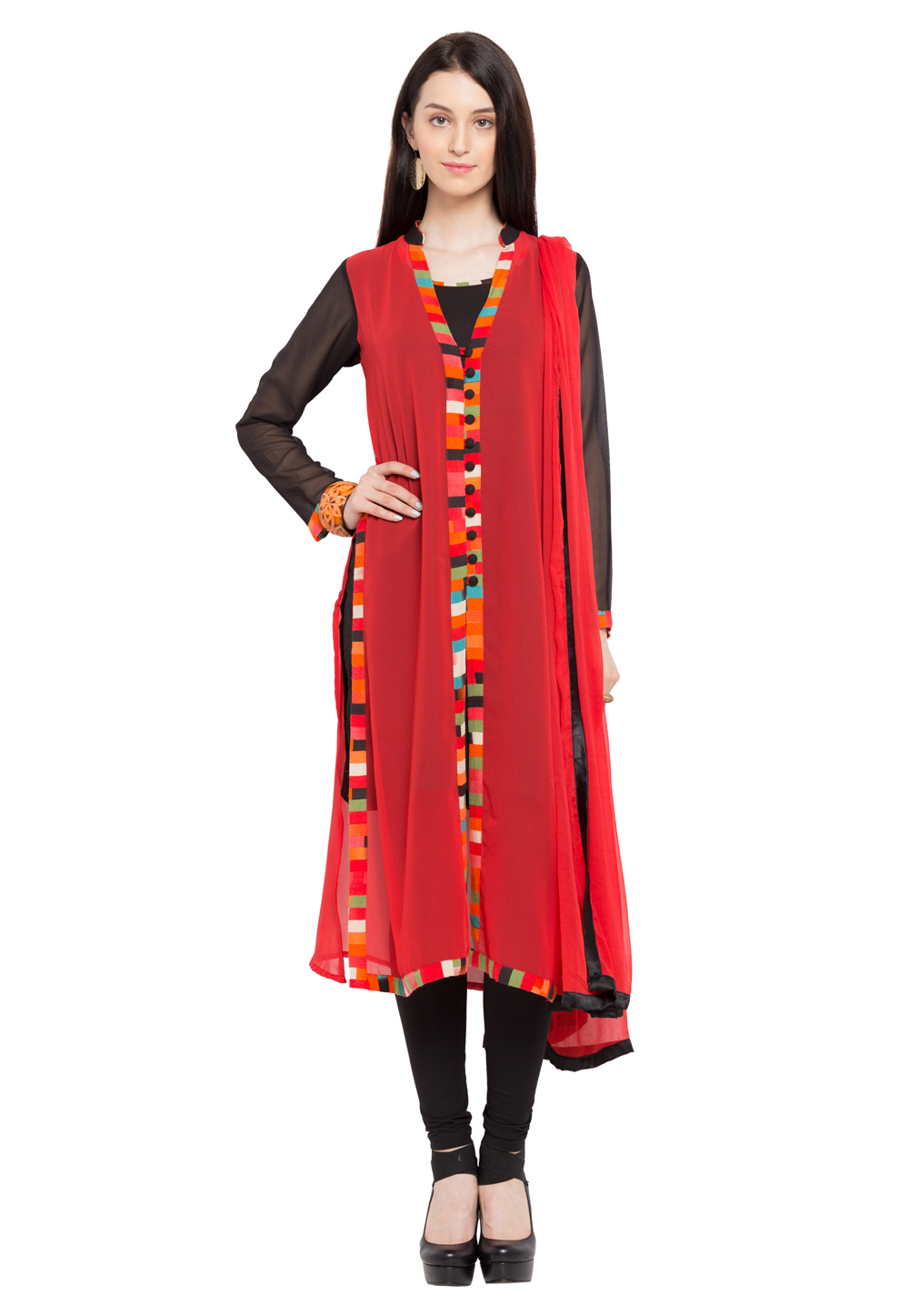 Red Faux Georgette Readymade Churidar Suit 230344