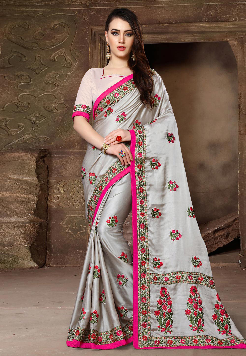 Grey Silk Festival Wear Saree 163128