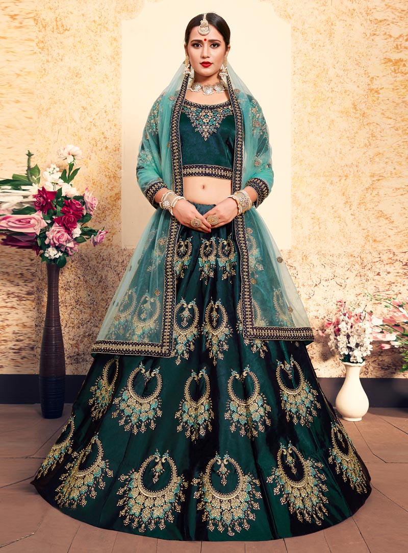 Teal Green Satin Circular Lehenga Choli 153534